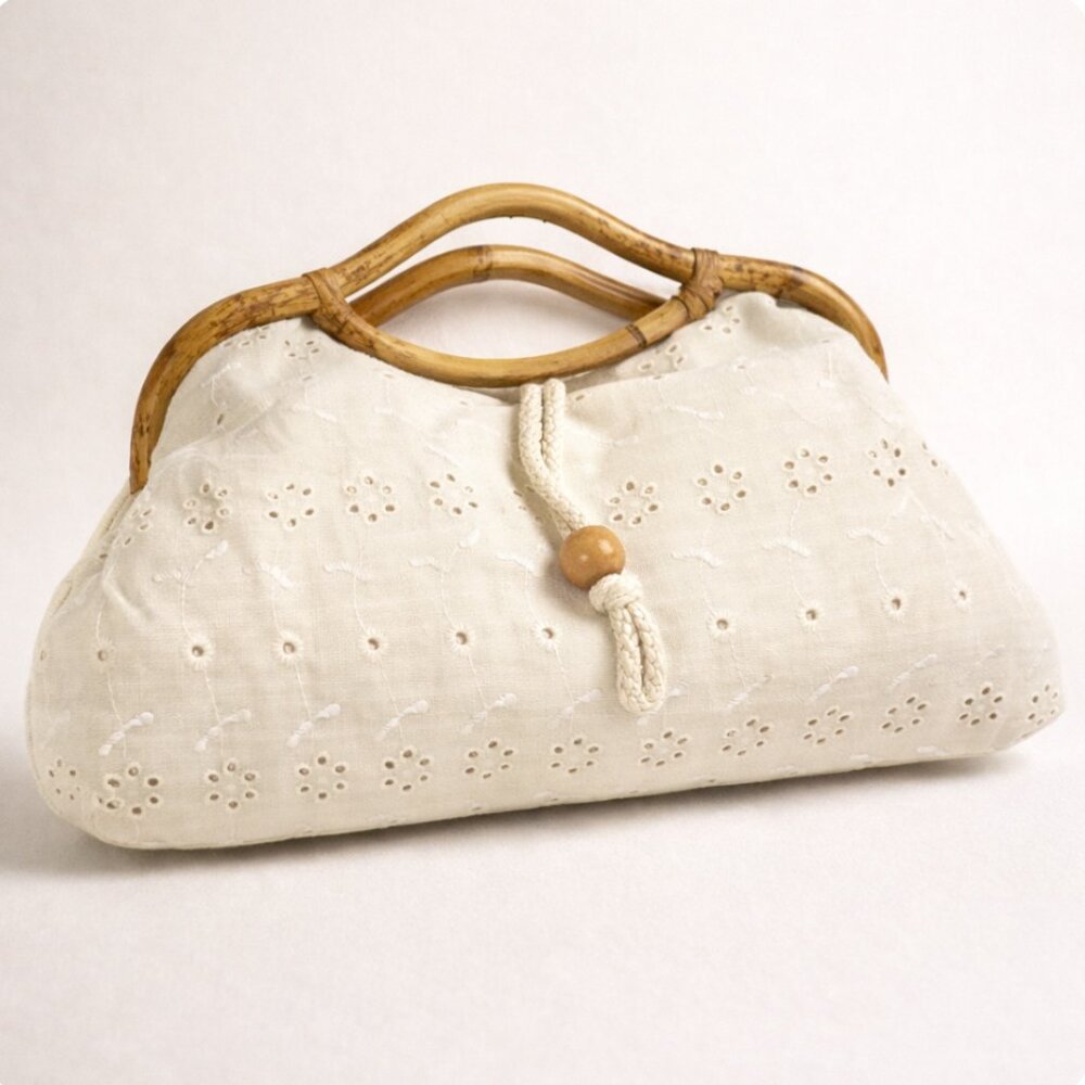 Vintage Cream Eyelet Linen Clutch with Bamboo Handles and Wooden Bead